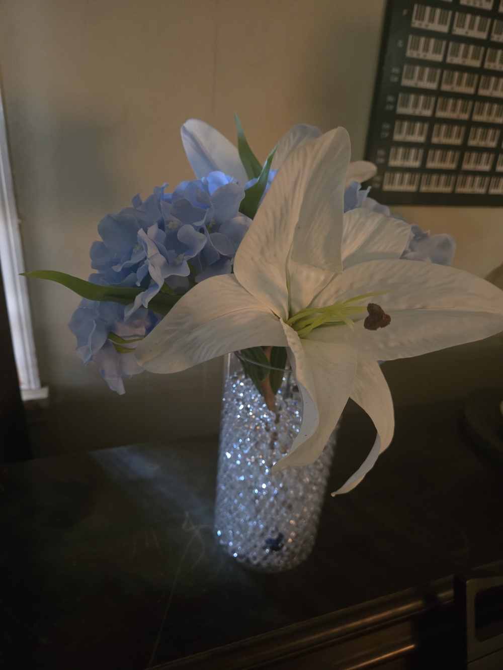 Artificial White Lily and Blue Hydrangea Arrangement in Decorative Vase